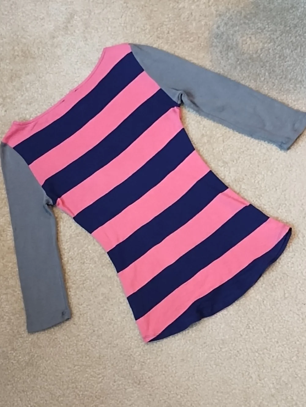Express Pink & Navy Wide-Stripe Knit Top Zipper Gray Sleeves Women's Size XS